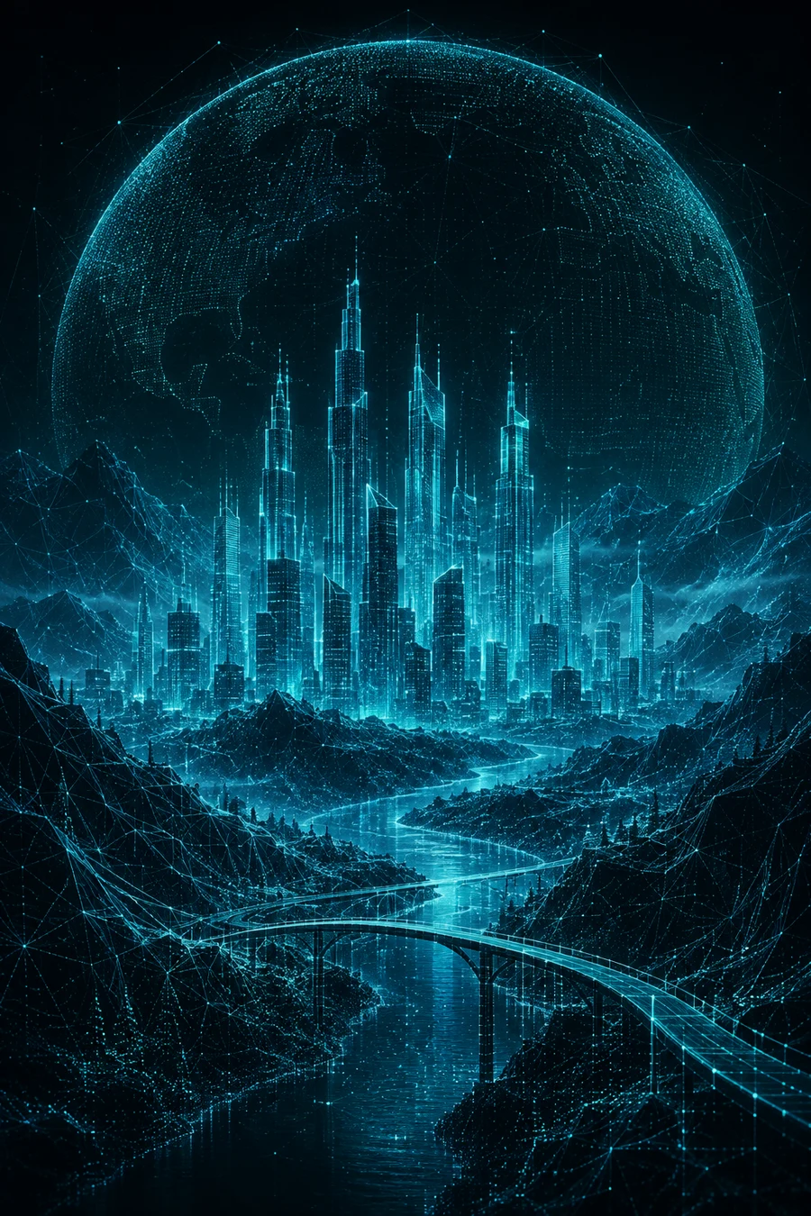 Concept art where a spatial city meets digital terrain